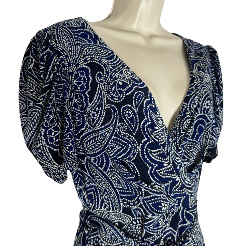 Harper Rose Womens Blue Jersey Knit Floral Wrap Look Puff Sleeve Midi Dress sz 4 - Picture 10 of 16